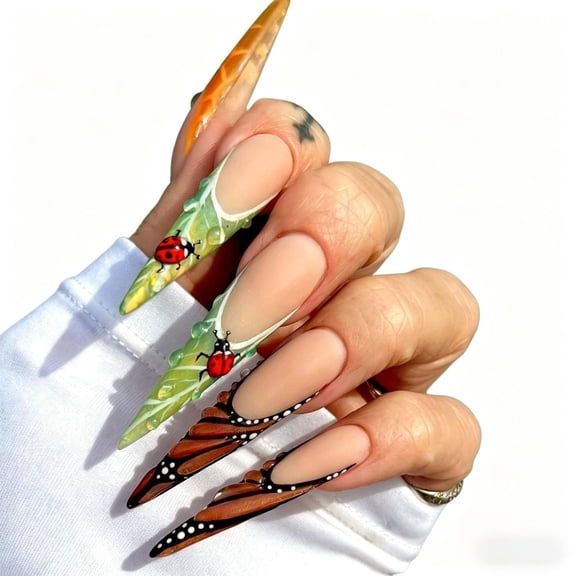 24PCS Long Stiletto Press On Nails, Nude Matte Base with 3D Ladybug, Green Leaf Water Drop & Butterfly Wing Design, Glossy Fake Nails for Women, Nature Summer Party Manicure, Salon & Home Use