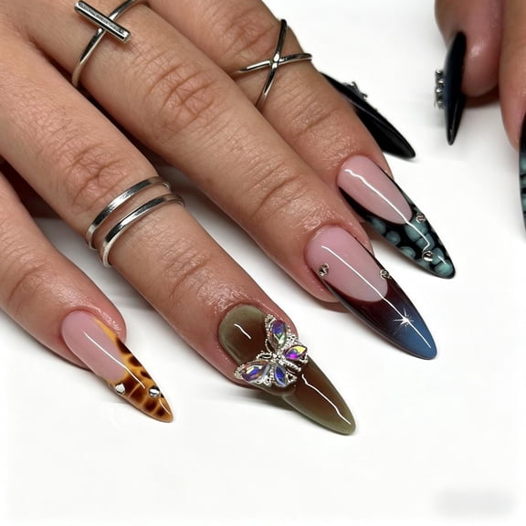 24PCS Long Stiletto Press On Nails, Nude Multicolor with Butterfly Rhinestone, Leopard & Snake Print Design, Glossy Fake Nails for Women, Y2K Party & Daily Manicure, Salon & Home Use