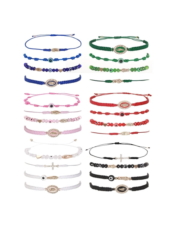 24PCS Matching Couple Bracelets Evil Eye Heart Charm Pink Lucky String Bracelets Mexican Braclets Green Rope San Judas Bracelet Virgin Mary Amulet Gift for Women Men