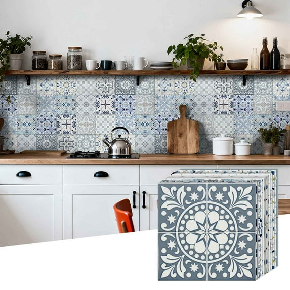 24PCS Mediterranean Style Peel and Stick Wall Tile Decals - 6"x6" Vintage Waterproof Vinyl Moroccan Bohemian Stickers for Kitchen Backsplash, Bathroom, Stair Riser Decor
