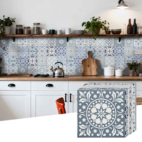 24PCS Mediterranean Style Peel and Stick Wall Tile Decals - 6"x6" Vintage Waterproof Vinyl Moroccan Bohemian Stickers for Kitchen Backsplash, Bathroom, Stair Riser Decor