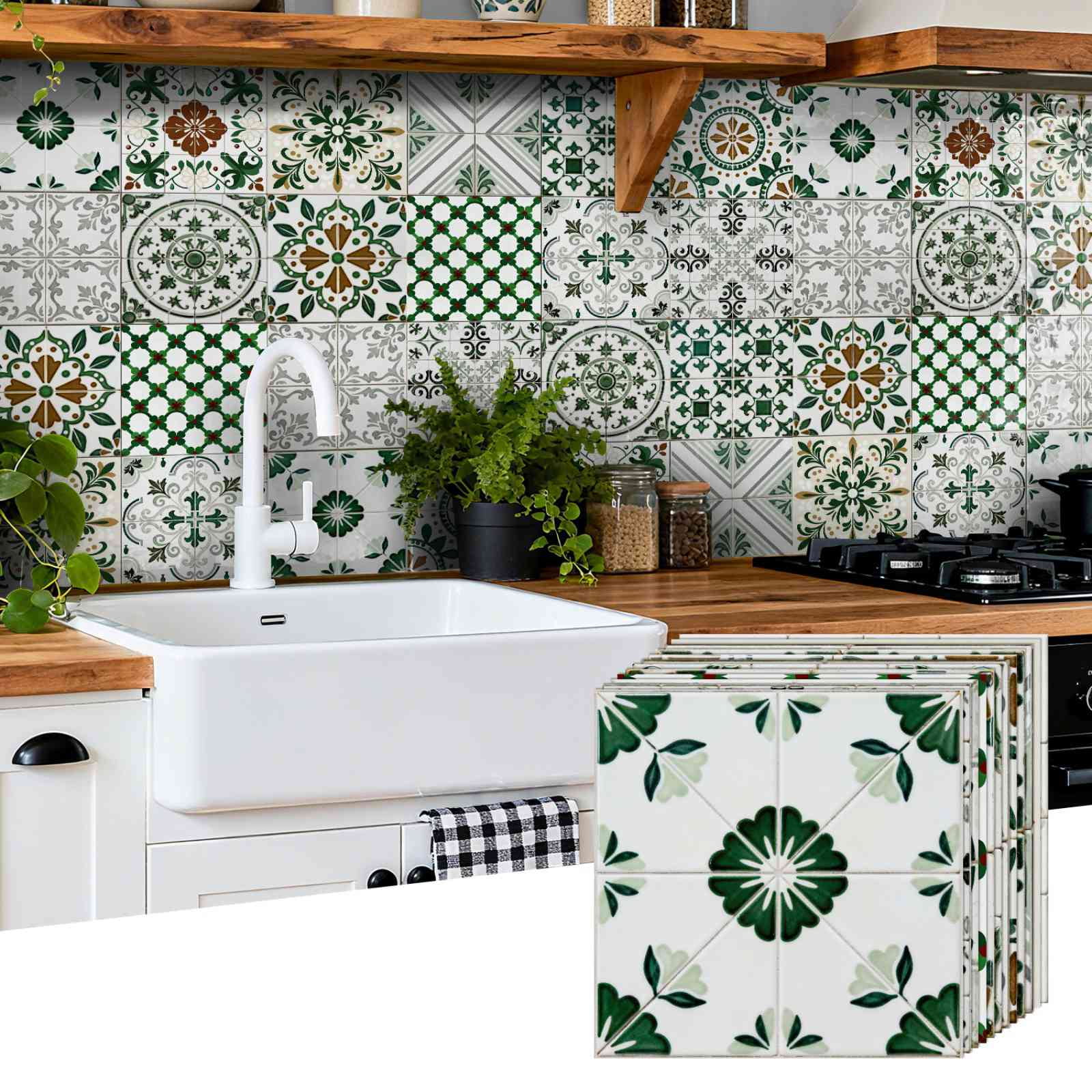 24PCS Mediterranean Style Peel and Stick Wall Tile Decals - 6"x6" Vintage Waterproof Vinyl Moroccan Bohemian Stickers for Kitchen Backsplash, Bathroom, Stair Riser Decor