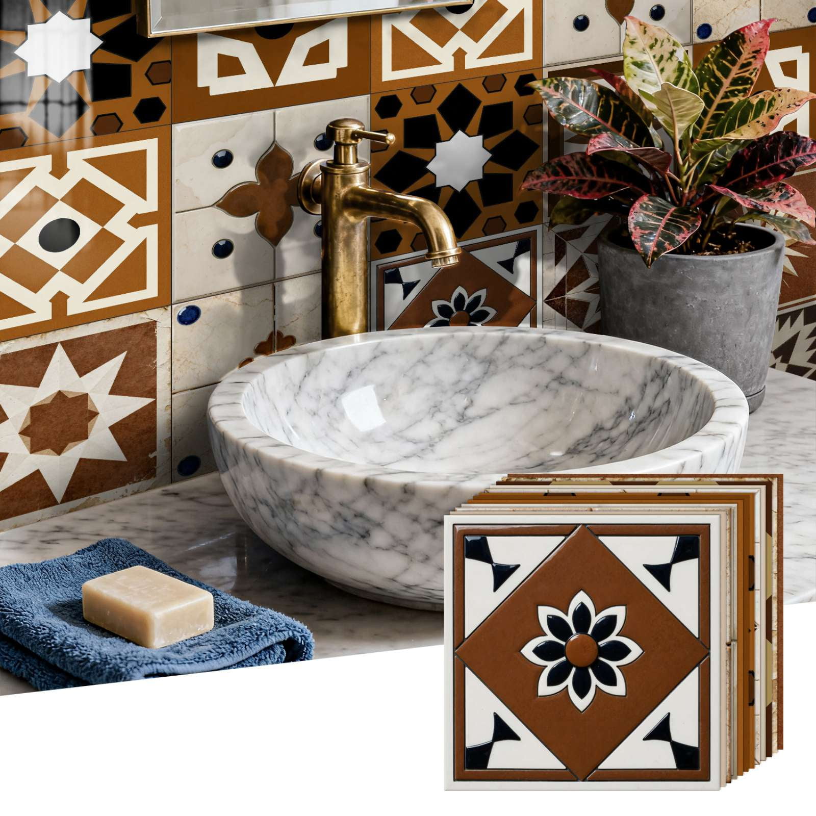24PCS Mediterranean Style Peel and Stick Wall Tile Decals - 6"x6" Vintage Waterproof Vinyl Moroccan Bohemian Stickers for Kitchen Backsplash, Bathroom, Stair Riser Decor