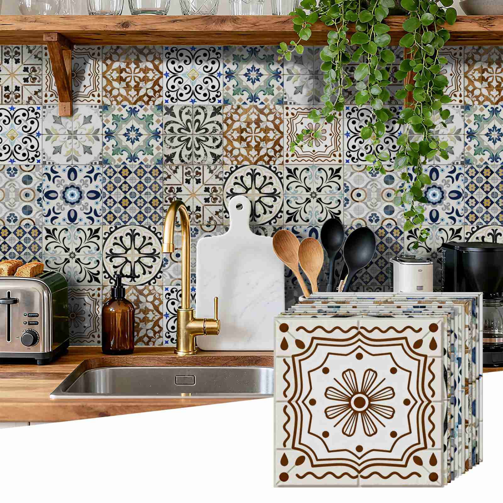 24PCS Mediterranean Style Peel and Stick Wall Tile Decals - 6"x6" Vintage Waterproof Vinyl Moroccan Bohemian Stickers for Kitchen Backsplash, Bathroom, Stair Riser Decor
