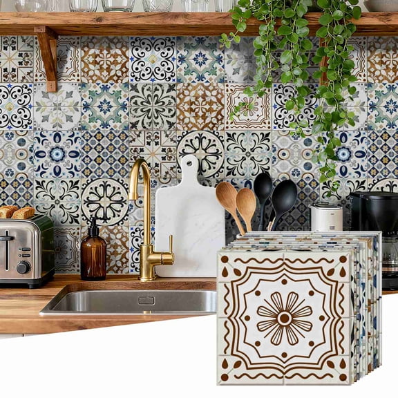 24PCS Mediterranean Style Peel and Stick Wall Tile Decals - 6"x6" Vintage Waterproof Vinyl Moroccan Bohemian Stickers for Kitchen Backsplash, Bathroom, Stair Riser Decor