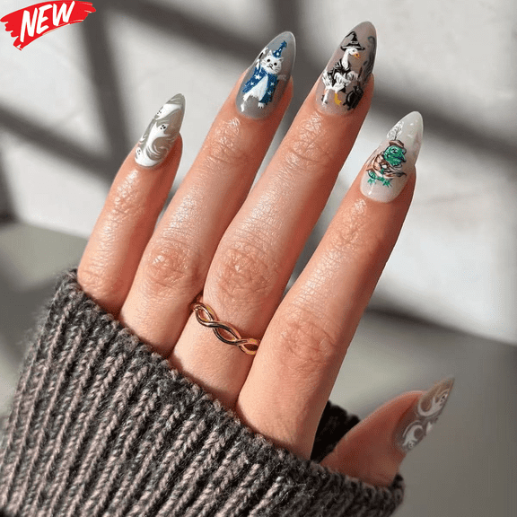 24PCS Medium Almond Halloween Press On Nails, Nude Gradient Fake Nails with Wizard Cat, Witch Duck & Frog Print, Cute Spooky Reusable False Nail Tips, DIY Manicure Kit for Women Halloween Party