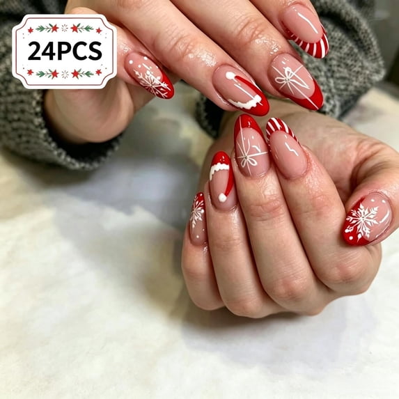 24PCS Medium Almond Press On Nails, French Tip Full Cover Acrylic Fake Nails Reusable Glue On False Nail Tips for Christmas Winter Holiday Party Women Daily Casual Festive Nail Art Decoration