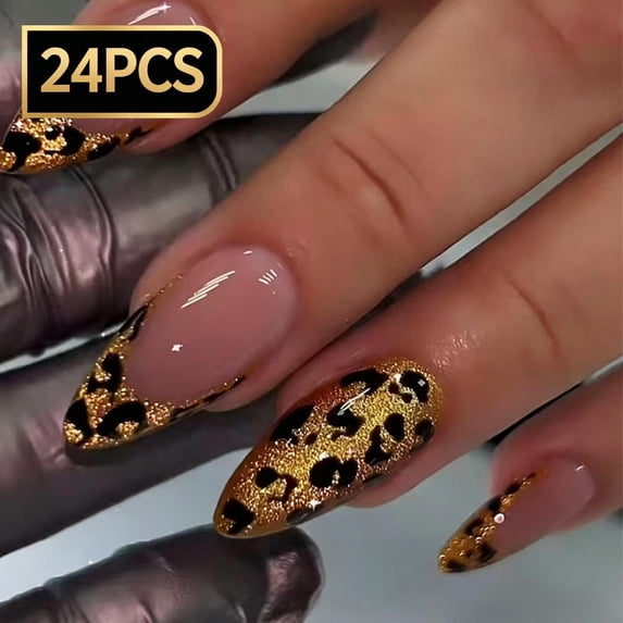 24PCS Medium Almond Press On Nails, Gold Glitter Leopard French Tip Full Cover Glossy Acrylic Fake Nails Reusable Glue On False Nail Tips for Y2K Trendy Daily Party Women Fashion Nail Art Decoration