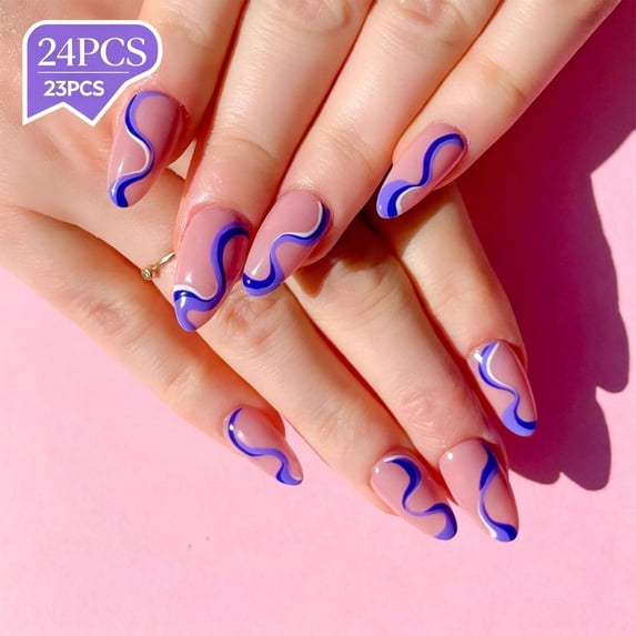 24PCS Medium Almond Press On Nails, Sheer Nude Full Cover Glossy Acrylic Fake Nails Reusable Glue On False Nail Tips for Spring Summer Trendy Casual Women Daily Nail Art Decoration