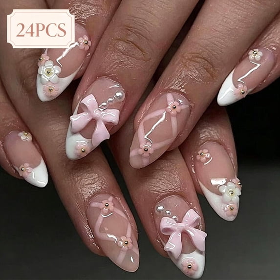 24PCS Medium Almond Press On Nails, White French Tip with 3D Pink Bow Full Cover Glossy Acrylic Fake Nails Reusable Glue On False Nail Tips for Bridal Party Sweet Romantic Women Nail Art Decoration