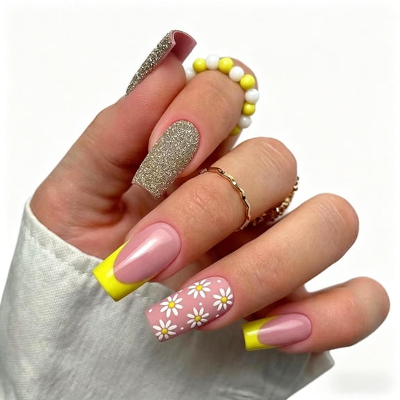 24PCS Medium Long Square Press On Nails, Nude Pink with Yellow French Tip, White Daisy Floral Design, Glossy Natural Fit Fake Nails for Women, Spring Summer Daily & Casual Manicure, Salon & Home Use