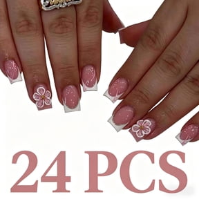 24PCS Medium Short French Press On Nails, Summer White 3D Flower Fake Nails, Gentle Sheer Wearable Nail Art, Reusable Removable Manicure for Vacation Daily