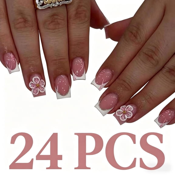 24PCS Medium Short French Press On Nails, Summer White 3D Flower Fake Nails, Gentle Sheer Wearable Nail Art, Reusable Removable Manicure for Vacation Daily