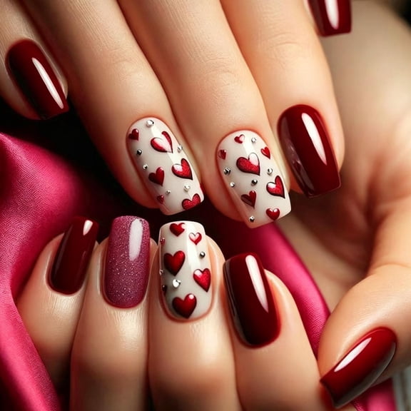 24PCS Medium Square Press On Nails, Deep Red & Nude White with Red Heart & Rhinestone Design, Glossy Natural Fit Fake Nails for Women, Romantic Valentine's & Daily Manicure, Salon & Home Use