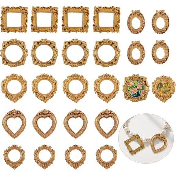 24PCS Mini Gold Vintage Picture Frames Small Antique Picture Frames Resin Mini Photo Frame Oval Rectangle Wall Hanging Display Table Frame for DIY Jewelry Museum Shadowbox