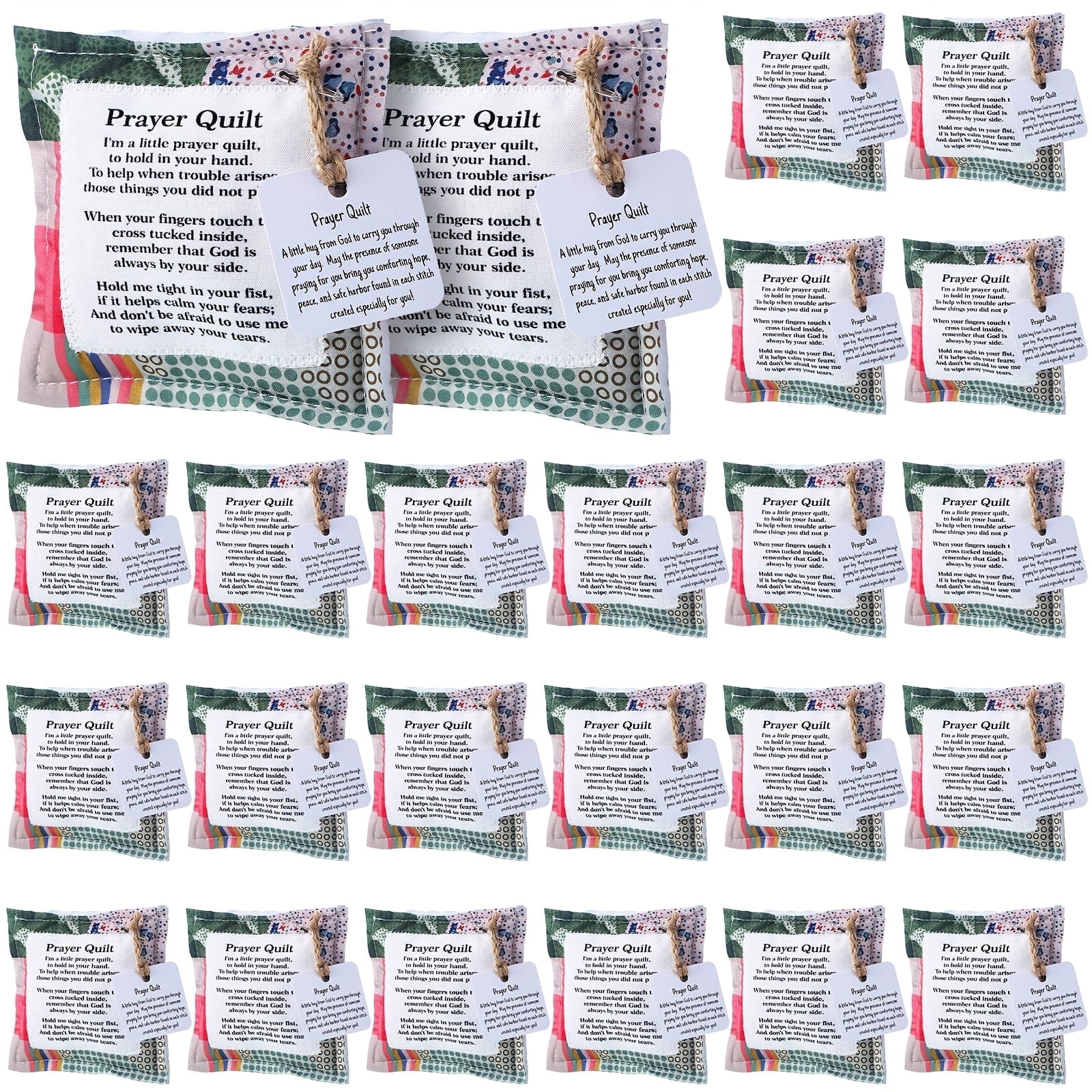 24PCS Mini Pocket Quilts with Wooden Cross Inside – Handmade Fabric Quilts with Inspirational Quotes, Vintage Patchwork Style, Thoughtful Comfort Gifts