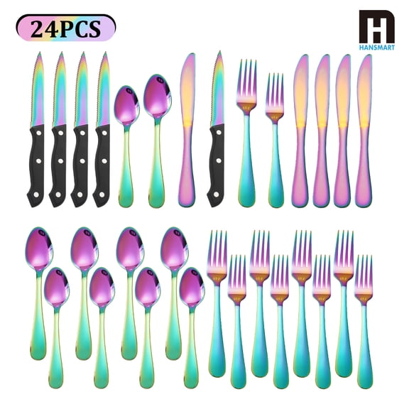 24PCS Modern Flatware Set, Stainless Steel Silverware Set with Steak Knife For 4, Rainbow / Golden / Rose Gold Cutlery Set, Mirror Polished, Ideal for Home, Kitchen, Celebrations