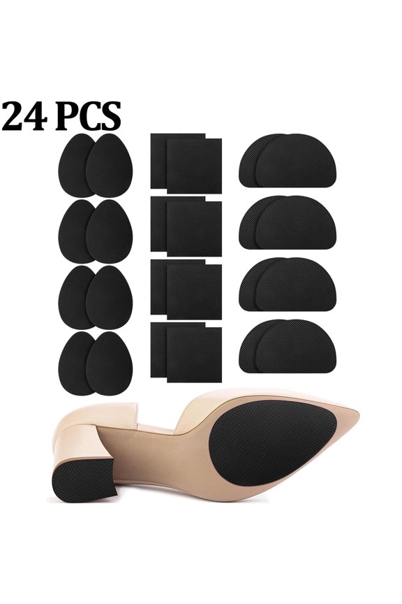 24PCS Non Slip Shoe Pads for Bottom of Shoes,Heel Noise Stopper,Shoe Grips for Heels Anti Slip, Self-Adhesive Non-Skid Stickers for Shoes (3 Style, Black)