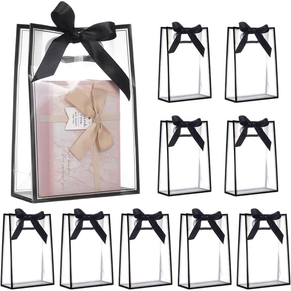 24PCS PP Flower Bag 7.1x3.2x10.3Inch Clear Plastic Gift Bags with Handles Party Favor Bags with Ribbon for Birthday Wedding Bachelorette Party (Black)