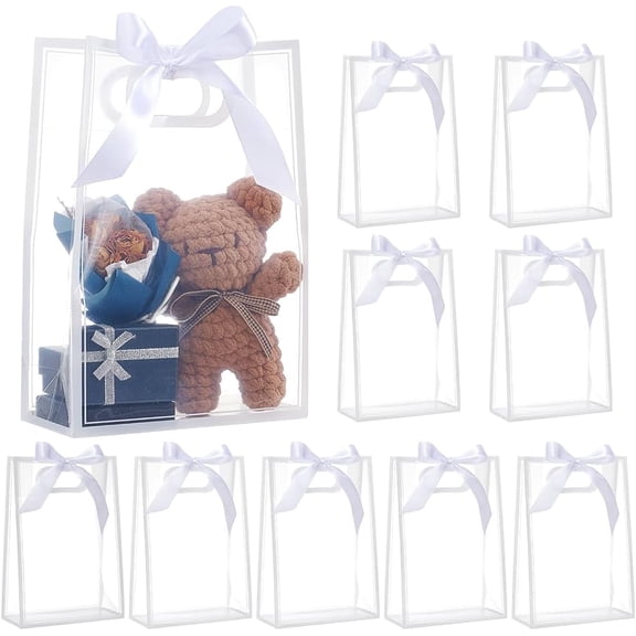 24PCS PP Flower Bag 7.1x3.2x10.3Inch Clear Plastic Gift Bags with Handles Party Favor Bags with Ribbon for Birthday Wedding