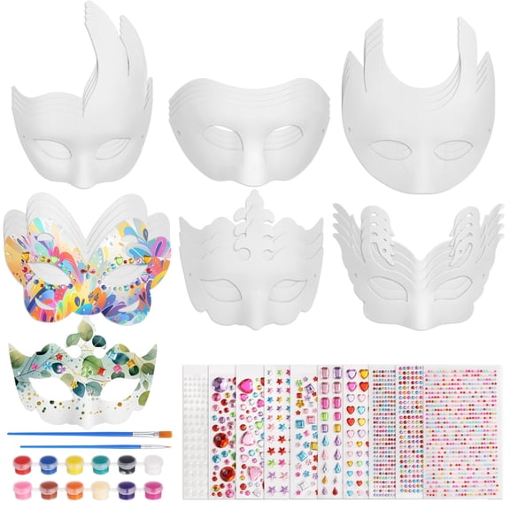 24PCS Paper Mache Art Covers, White DIY Paper Covers with 10 Sheets Gem Stickers & 4 Sets Paints with Brushes, Paintable Masquerade Covers for Arts, Crafts, Party