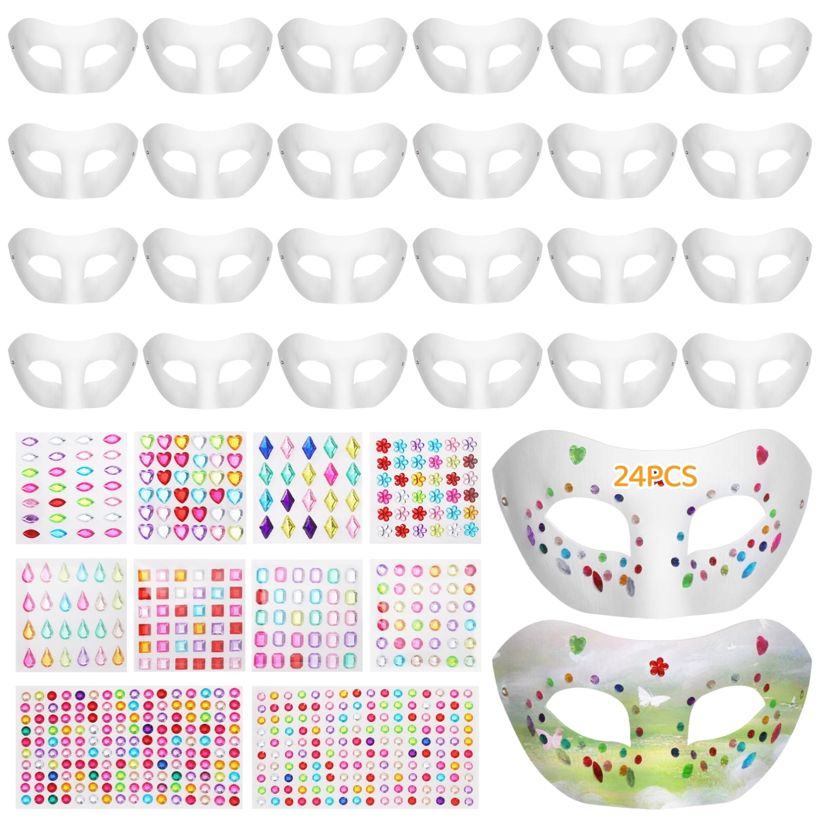 24PCS Paper Mache Masks with Gem Stickers, Blank Masks Decoration Set with Self Adhesive Jewels Stickers, Half Face Art White Craft Masks for Party Cosplay