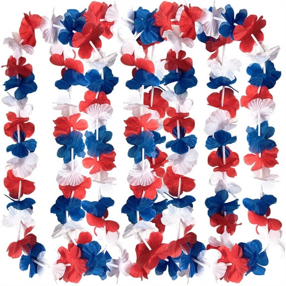 24PCS Patriotic Flower Lei Necklaces - 39 Inch Red, White & Blue Fourth of July Party Favors for Independence Day, Memorial Day & Festive Celebration