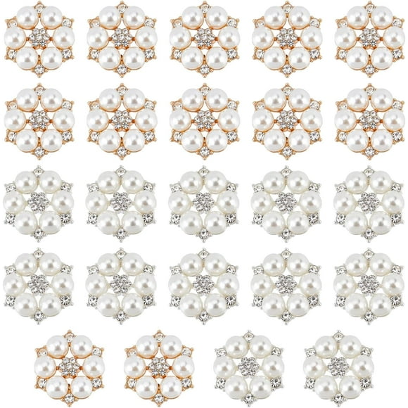24PCS Pearl Rhinestone Flower Buttons Gold & Silver Embellishment Alloy Jewelry Decoration DIY Handmade Accessories Clothing Buttons Crystal Bouquet Decoration for Wedding Party