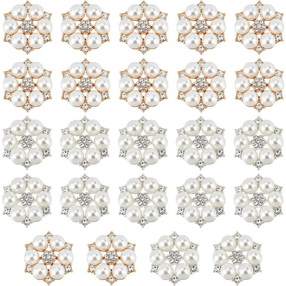 24PCS Pearl Rhinestone Flower Buttons Gold and Silver Embellishment Alloy Jewelry Decoration Handmade Clothing Buttons Bouquet Decoration for Jewelry Making Wedding Party White DIY