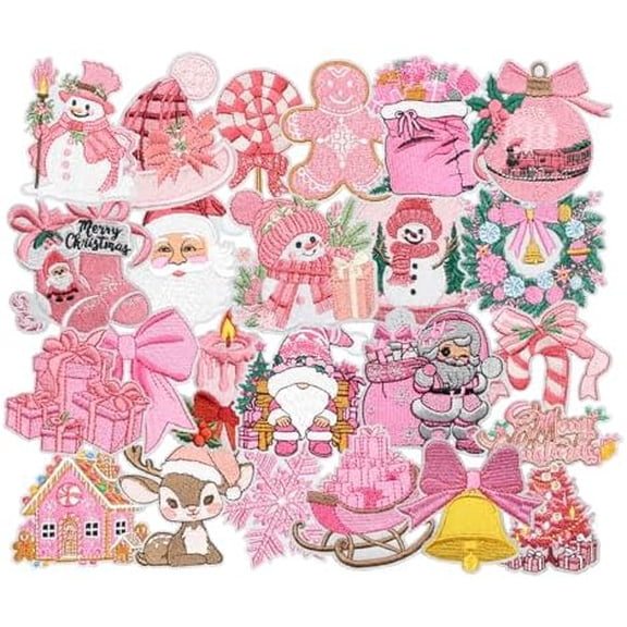 24PCS Pink Christmas Iron on Patches, Cartoon Cute Santa Snow Globe Snowman Bell Embroidered Applique, Custom Snowflakes Patches for Hats, Jackets, Bags, Backpacks, Dress
