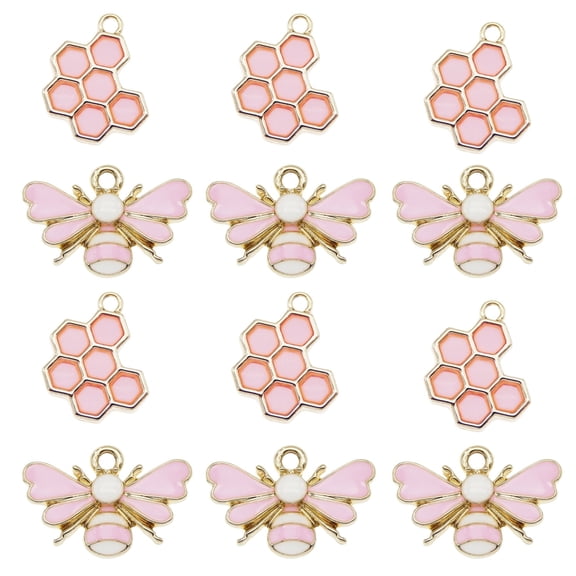24PCS Pink Color Bee Honeycomb Charms Enamel Honeybee Beehive Pendant for Bracelet Earrings Handmaking DIY Crafts