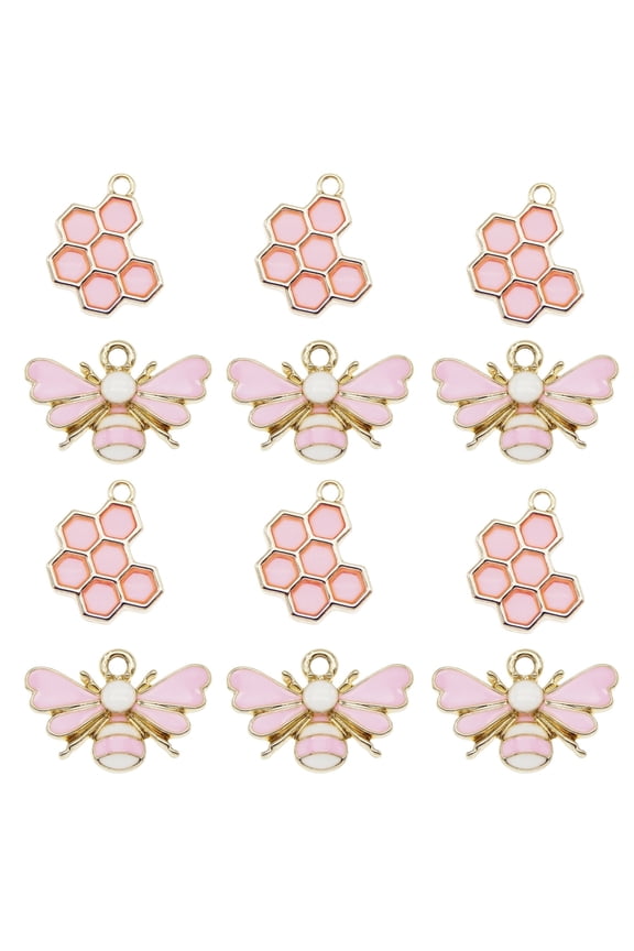 24PCS Pink Color Bee Honeycomb Charms Enamel Honeybee Beehive Pendant for Bracelet Earrings Handmaking DIY Crafts