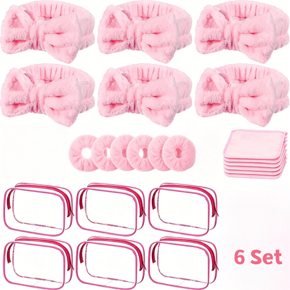 6Set Pink Spa Party Favor Set, Spa Headbands, Velvet Scrunchies, Makeup Remover Wipes, Cosmetic Bags, Trip Gifts, for Slumber Supplies for Girls Weekend Makeover