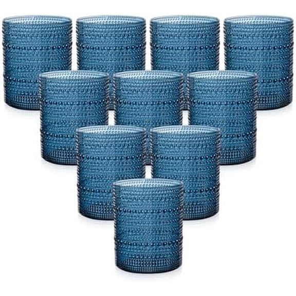 24PCS Plastic Drinking Glasses - 14OZ Blue Hobnail Drinkware Glasses - Vintage Glassware Textured Beaded Cups for Water, Beer, Whiskey, Juice and Various Mixed Drinks