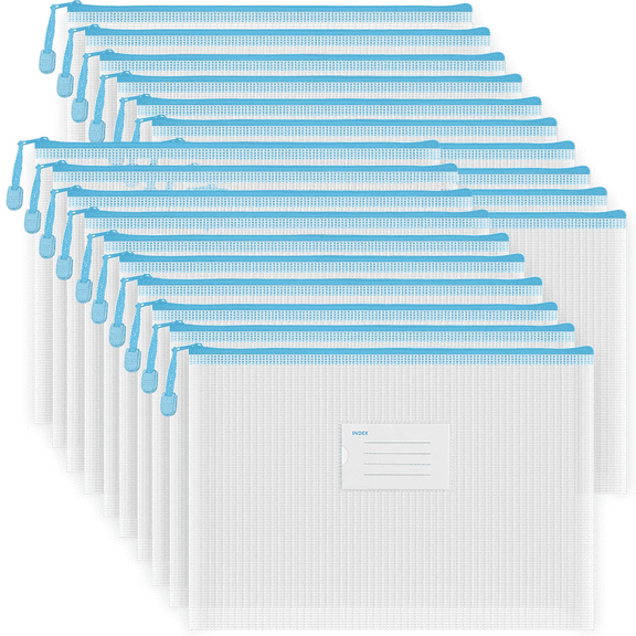 XUEYU 20 Pcs A4 Mesh Zipper Pouch Bags, Waterproof Letter Size Zipper Bags, Puzzle Bag with Label Pocket for School, Office Supplies, Cosmetics, Travel Storage and Home Organize