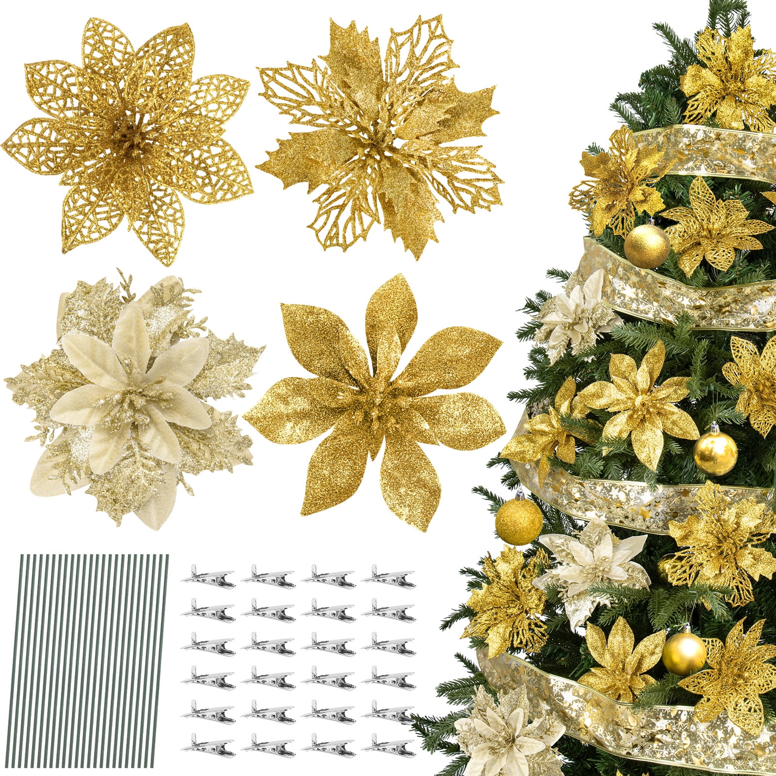 24PCS Poinsettia Artificial Flowers Gold Christmas Flower Decorations