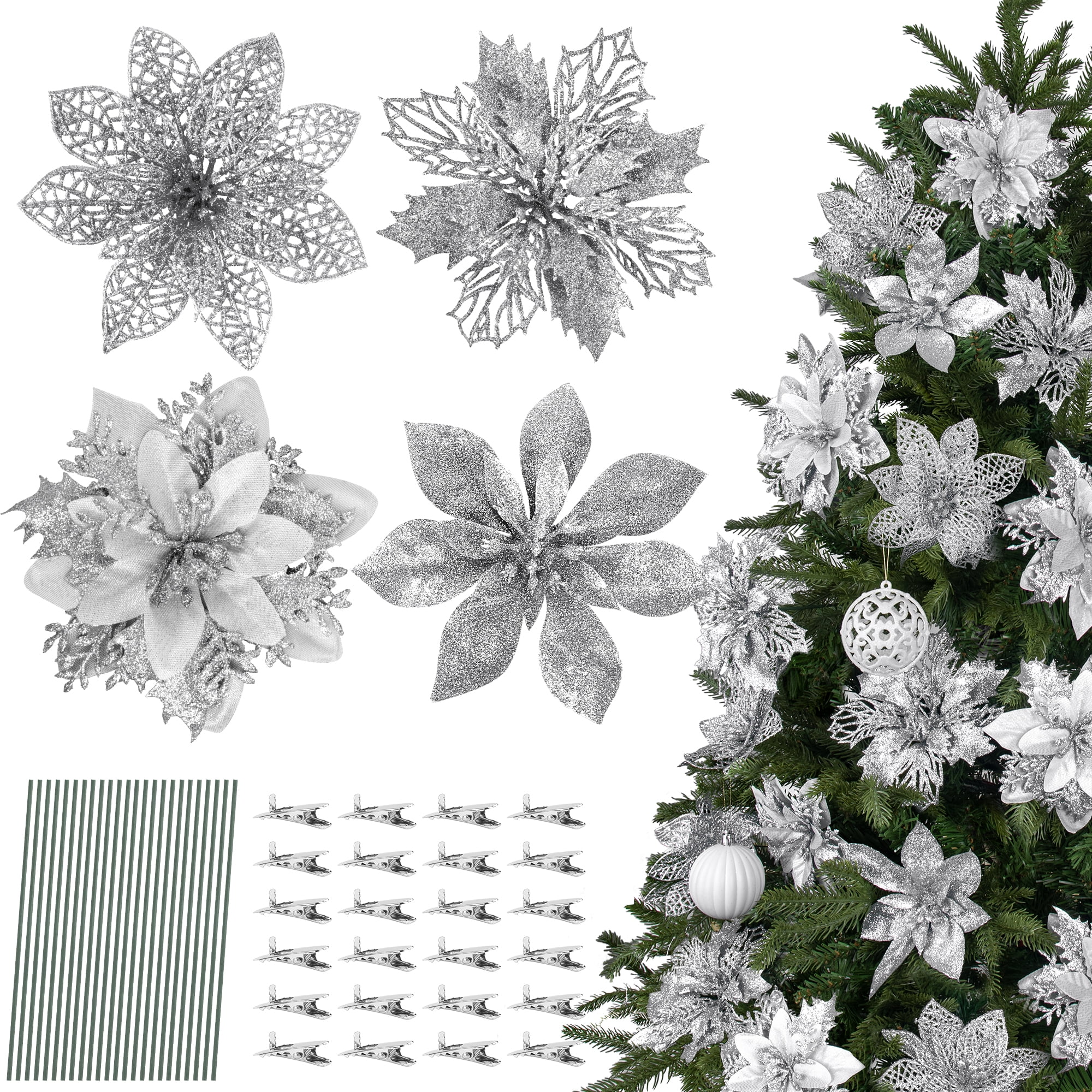 24PCS Poinsettia Artificial Flowers Silver Christmas Flower Decorations