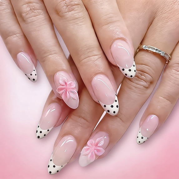 24PCS Polka Dot French Tip Press on Nails Medium Almond Handmade Nails Press on 3D Unique Reusable ABS Acrylic Fake Nails French Tip False Nails with Polka Dots Flower Designs Glossy Glue on Nail
