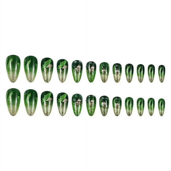 24PCS Press On Nails, Green Press on Nails Medium Almond Fake Nails, 3D Flower False Nails Spring Summer Nails, Soft Press on Fake Nail with Designs for Women