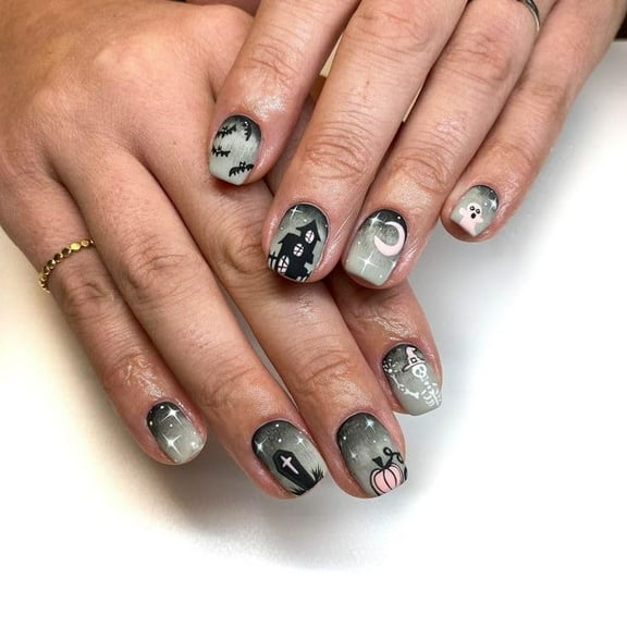 24PCS Press on Nails, Short Square Fake Nails with Cute Designs, Artificial Nails Full Cover Stick on Nails, Halloween Decor on Nails for Women Nail Art DIY