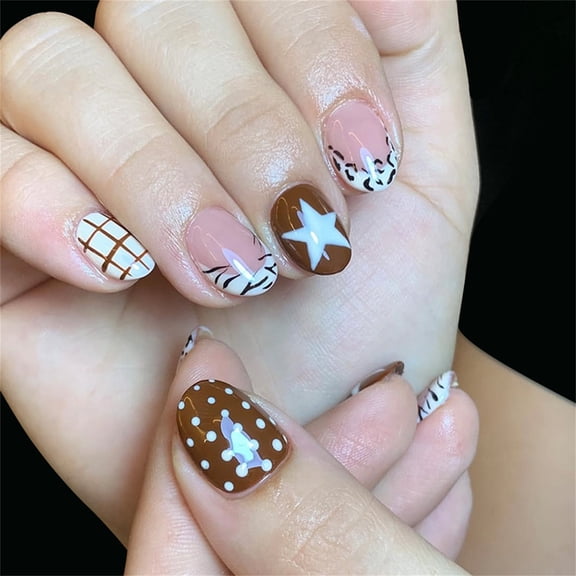 24Pieces Long Lasting False Nails Coffee Brown Print Geometric Patterns Star Motifs Easy Application Nails Art