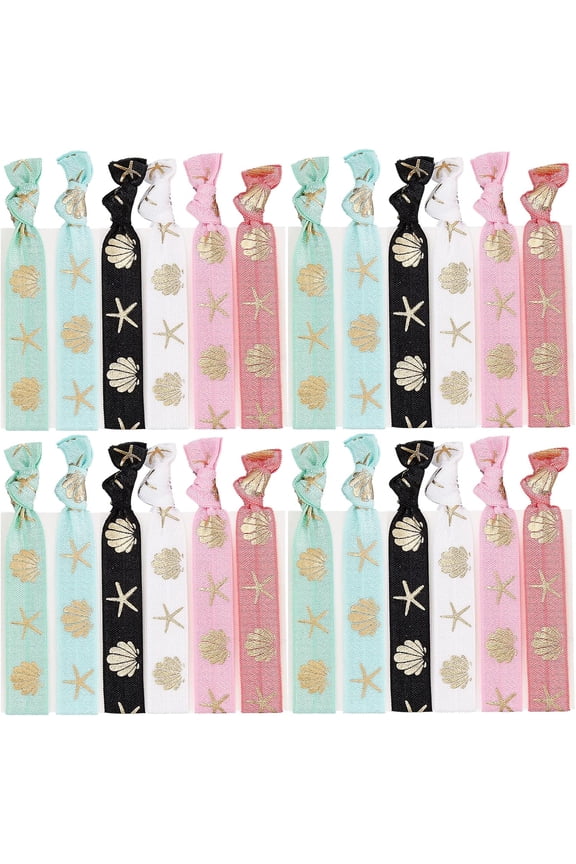 24PCS Printed Glitter Hair Ties Knotted Elastics Ponytail Holders Ocean Theme No Crease Elastic Ribbon Band Ribbon Crease Free Hand Twist Bracelet Accessories for Women DIY