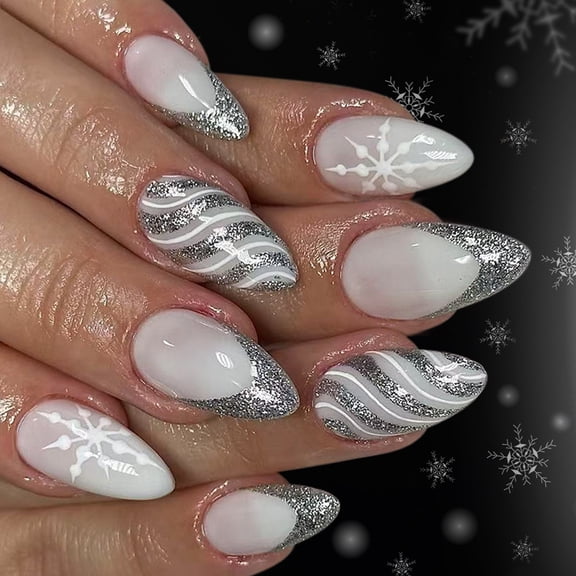 24PCS Recyclable Christmas Press-On Nails, Silver Scintillate Coffer Ice French Tip, Holiday Party