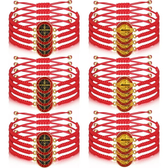 24PCS San Benito Bracelet Handmade Red Knot String BraceletAdjustable Medal Rosary Bracelet Luck Braided Bracelet Benedictine Serenity Blessing Friendship Bracelet for Women Men