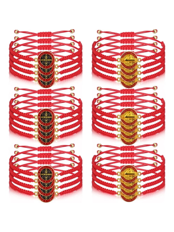 24PCS San Benito Bracelet Handmade Red Knot String BraceletAdjustable Medal Rosary Bracelet Luck Braided Bracelet Benedictine Serenity Blessing Friendship Bracelet for Women Men