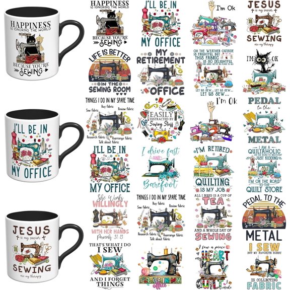 24PCS/Set Sewing Machine Quote UV DTF Cup Wraps | Self-adhesive Transfer Paper, For Coffee Cups, Water Bottles, Laptops, Refrigerator, DIY Crafts, High Viscosity
