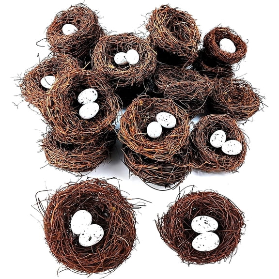 24PCS/Set Small Faux Bird Nest with Eggs for Crafts, Artificial Rattan Birds Nest for Easter Wedding Home Party Christmas Tree Decoration (8pcs Mixed Small Size Nest, 16pcs Eggs)
