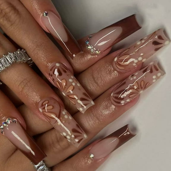 24PCS Shimmering Winter Long Coffin Floral French Design Glossy False Nails Easy Use