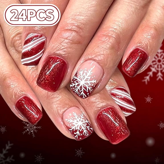 24PCS Short Round Press On Nails, Full Cover Acrylic Fake Nails Reusable Glue On False Nail Tips for Christmas Winter Holiday Party Women Daily Casual Festive Nail Art Decoration