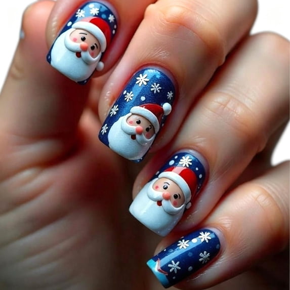 24PCS Short Square Christmas Press On Nails, 3D Santa Claus & Snowflake Design, Blue Glossy Fake Nails, Natural Fit False Nails for Women, Holiday Party & Daily Manicure, Salon & Home Use